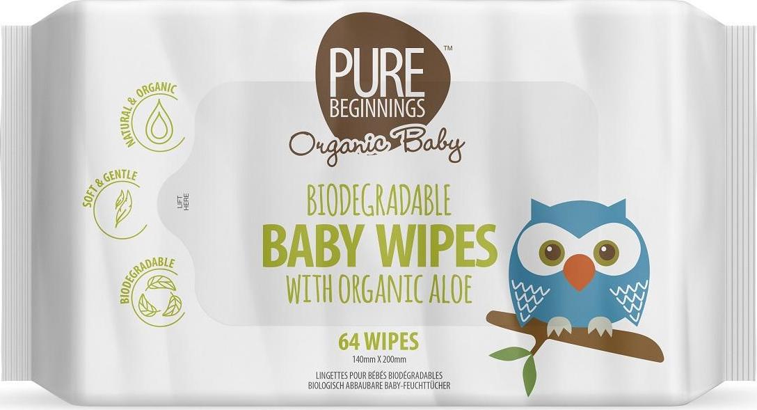 PURE BEGINNINGS Dětské vlhčené ubrousky s BIO aloe biologicky rozložitelné 64 ks