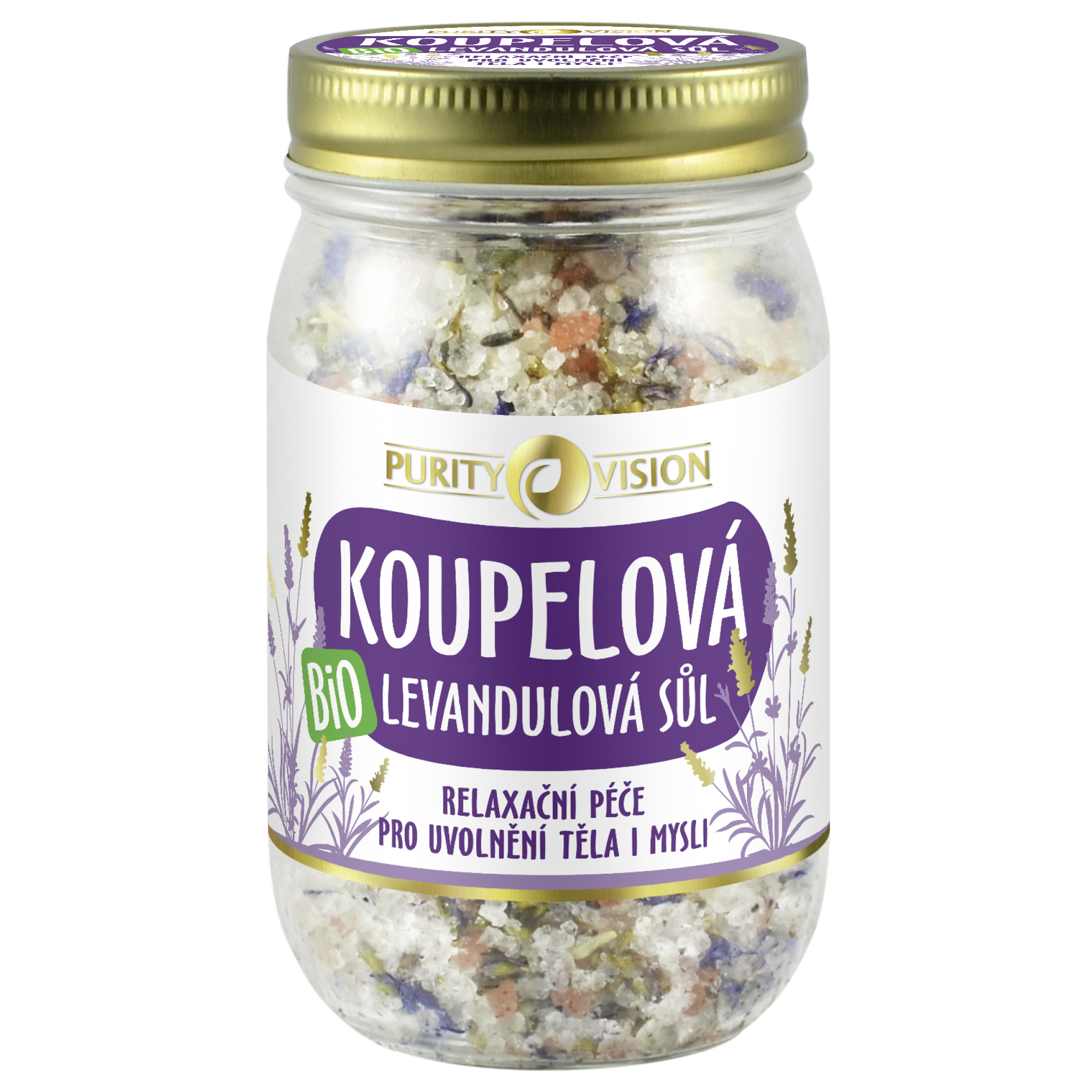 Purity Vision Levandulová koupelová sůl (400 g) - uvolní svaly a zrelaxuje Purity Vision