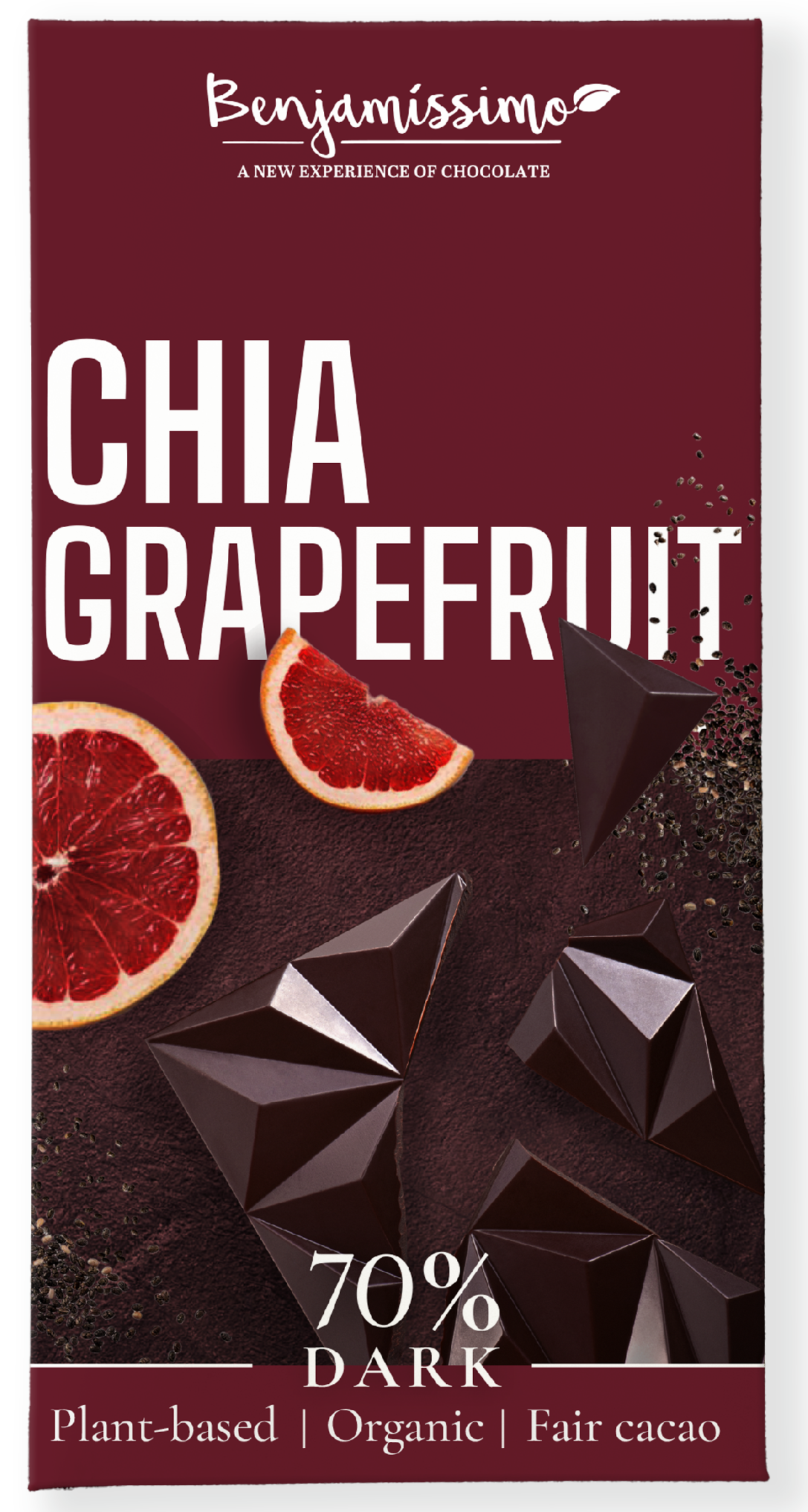 Benjamíssimo Tmavá čokoláda 70% Chia & grapefruit BIO (60 g) - nevšední kombinace chutí PURO shop