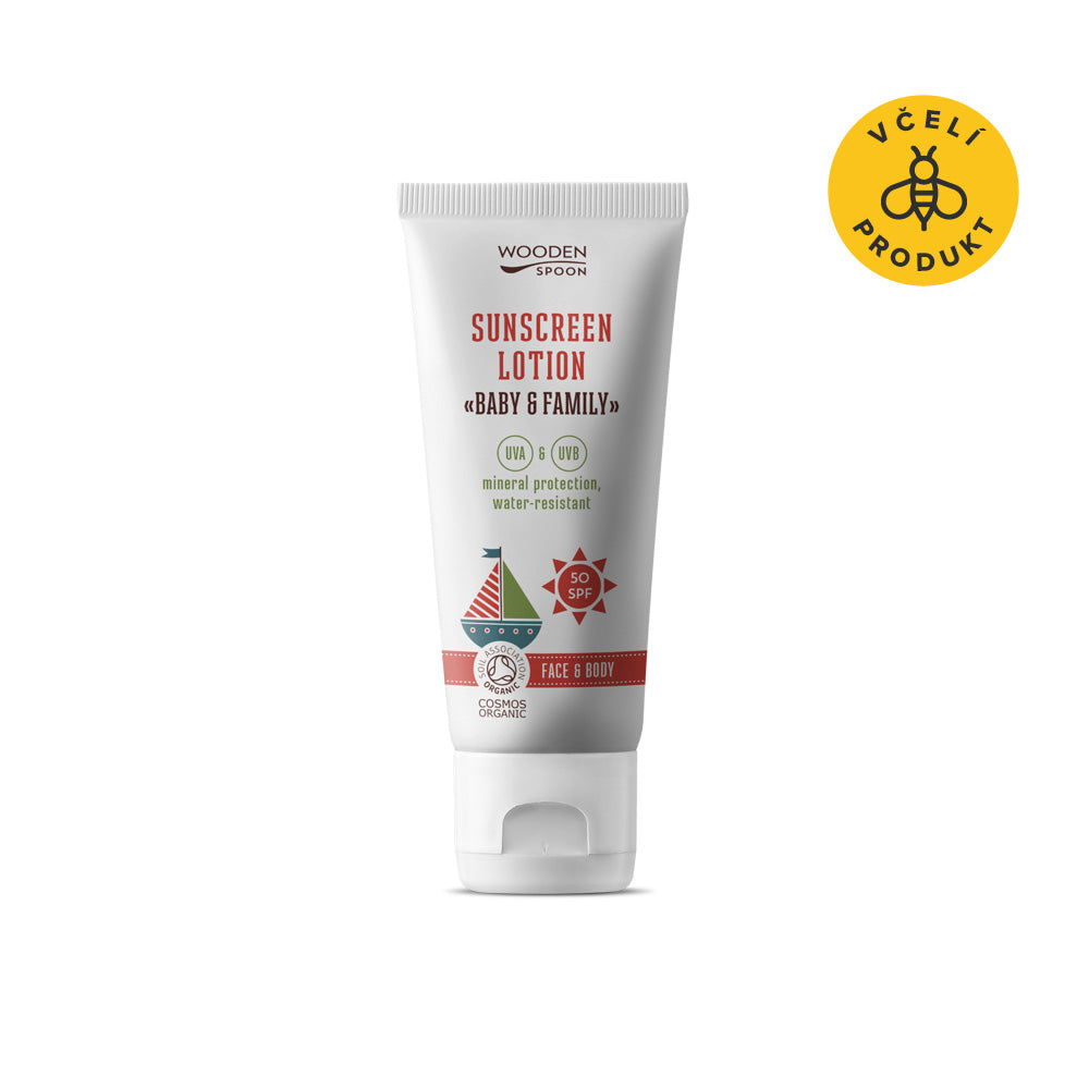 Wooden Spoon Opalovací tělové mléko v tubě Baby & Family SPF 50 BIO (100 ml) - pošk. obal - voděodolné