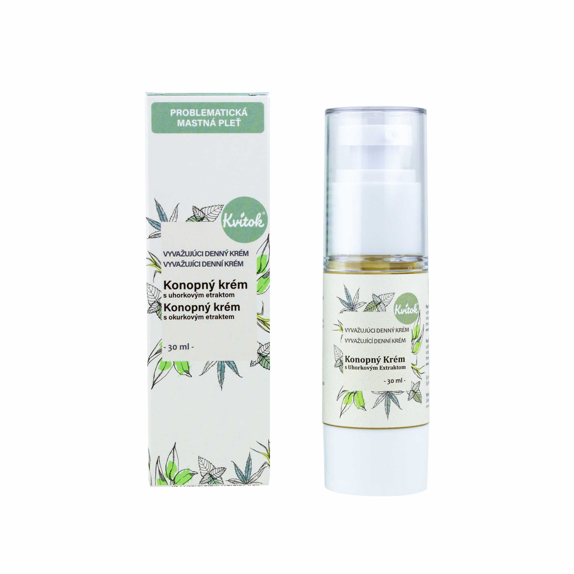Kvitok Denní konopný krém pro mastnou pleť (30 ml) - pošk. obal - s okurkovým extraktem Kvitok