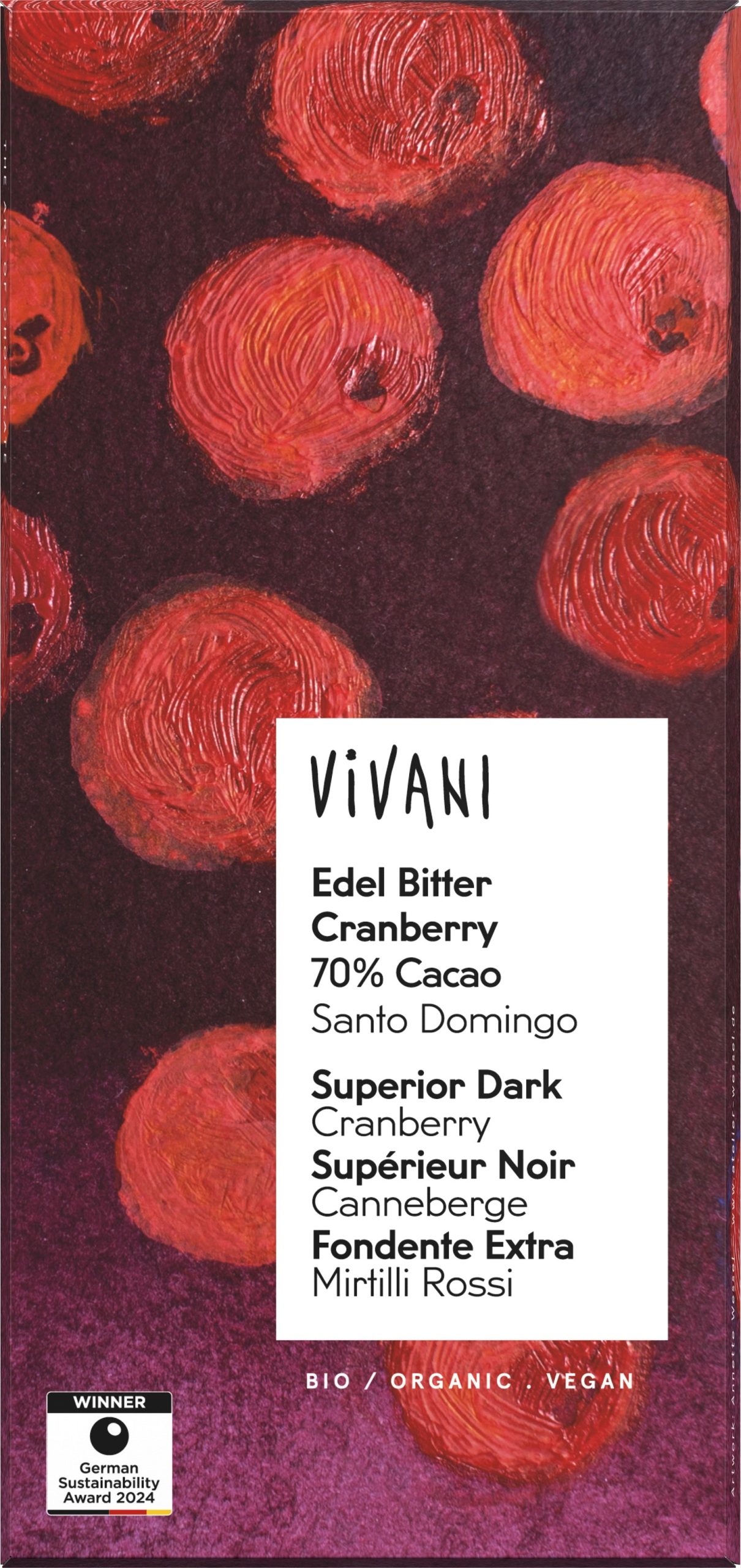 Čokoláda hořká s brusnicemi 100 g BIO   VIVANI Vivani