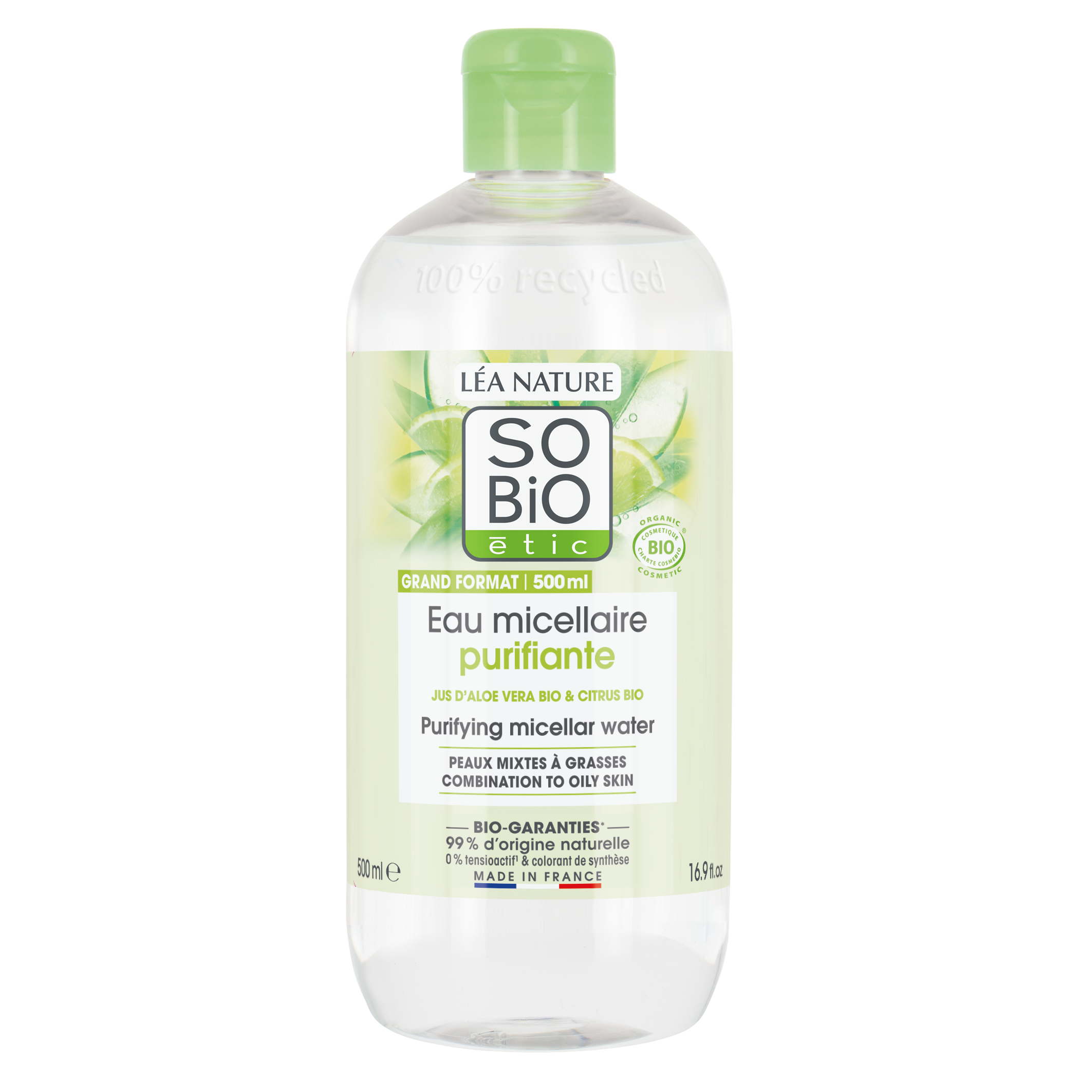 SO’BiO étic Voda micelární Aloe Vera čisticí - zinek a citrusy BIO (500 ml) - ideální pro smíšenou až mastnou pleť SO’BiO