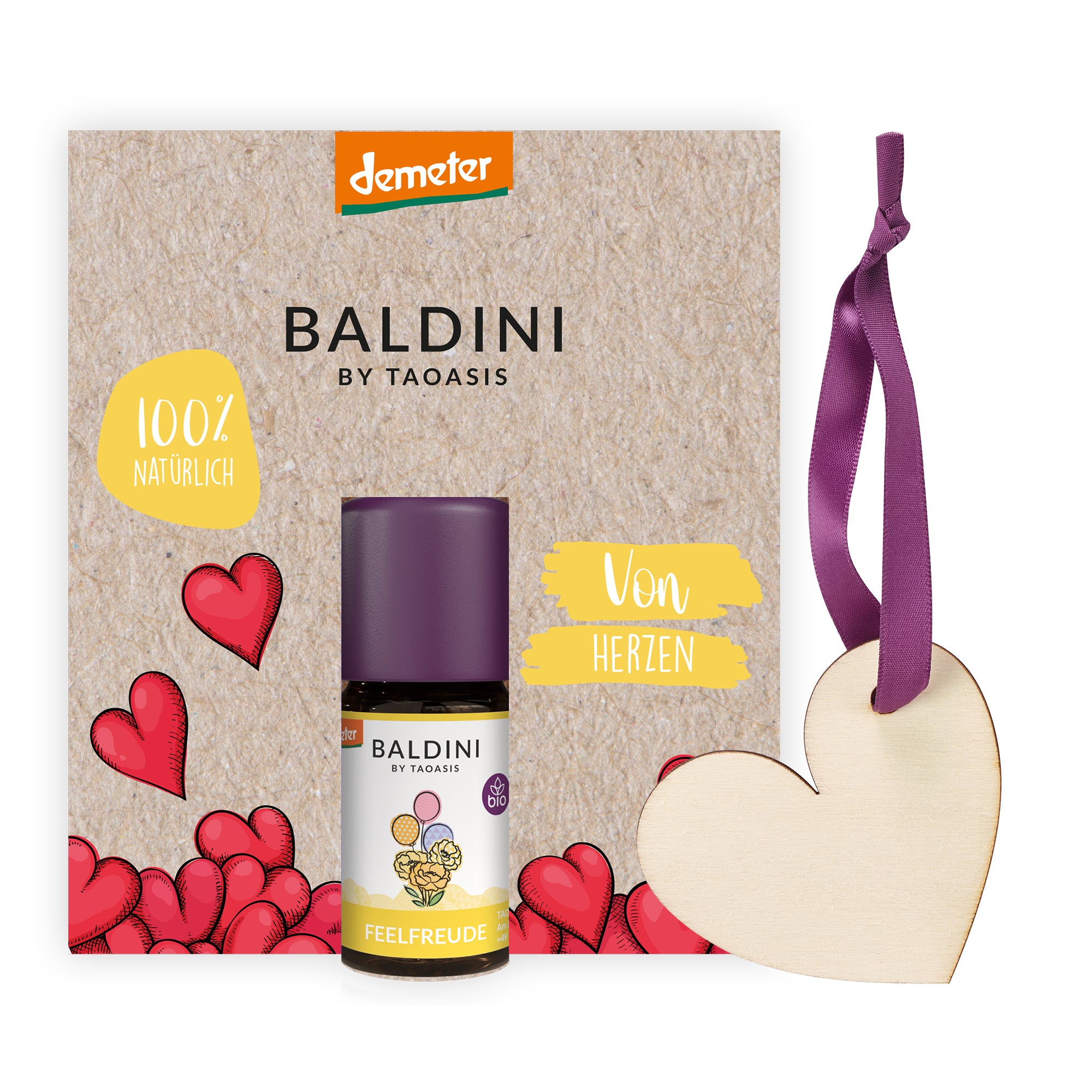 TAOASIS Baldini Aroma mini set From the Heart BIO (5 ml) - dřevěná visačka jako difuzér Taoasis