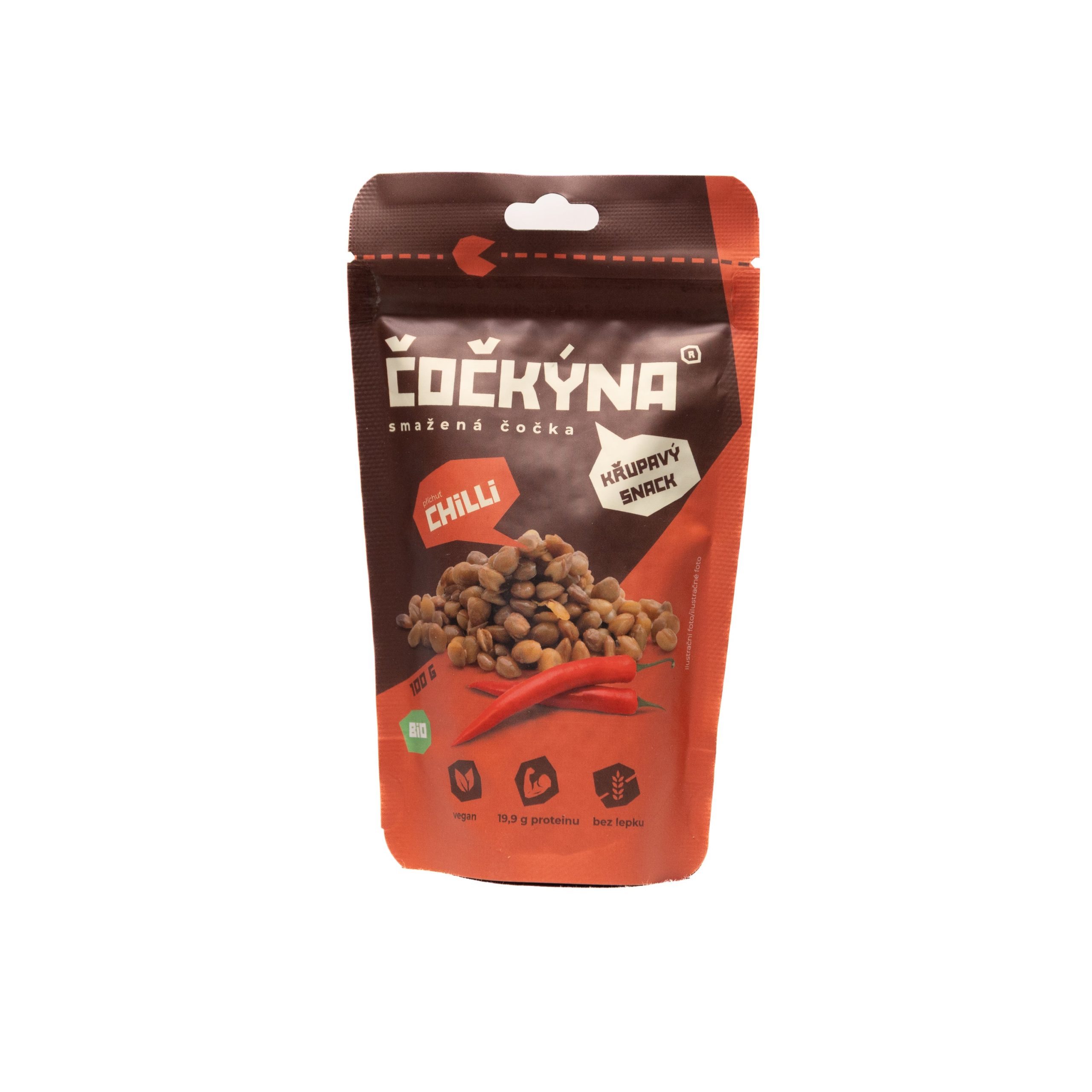 Čočkýna Čočka smažená - chilli BIO (100 g) - křupavá svačinka i lehce pikantní dochucovadlo Čočkýna