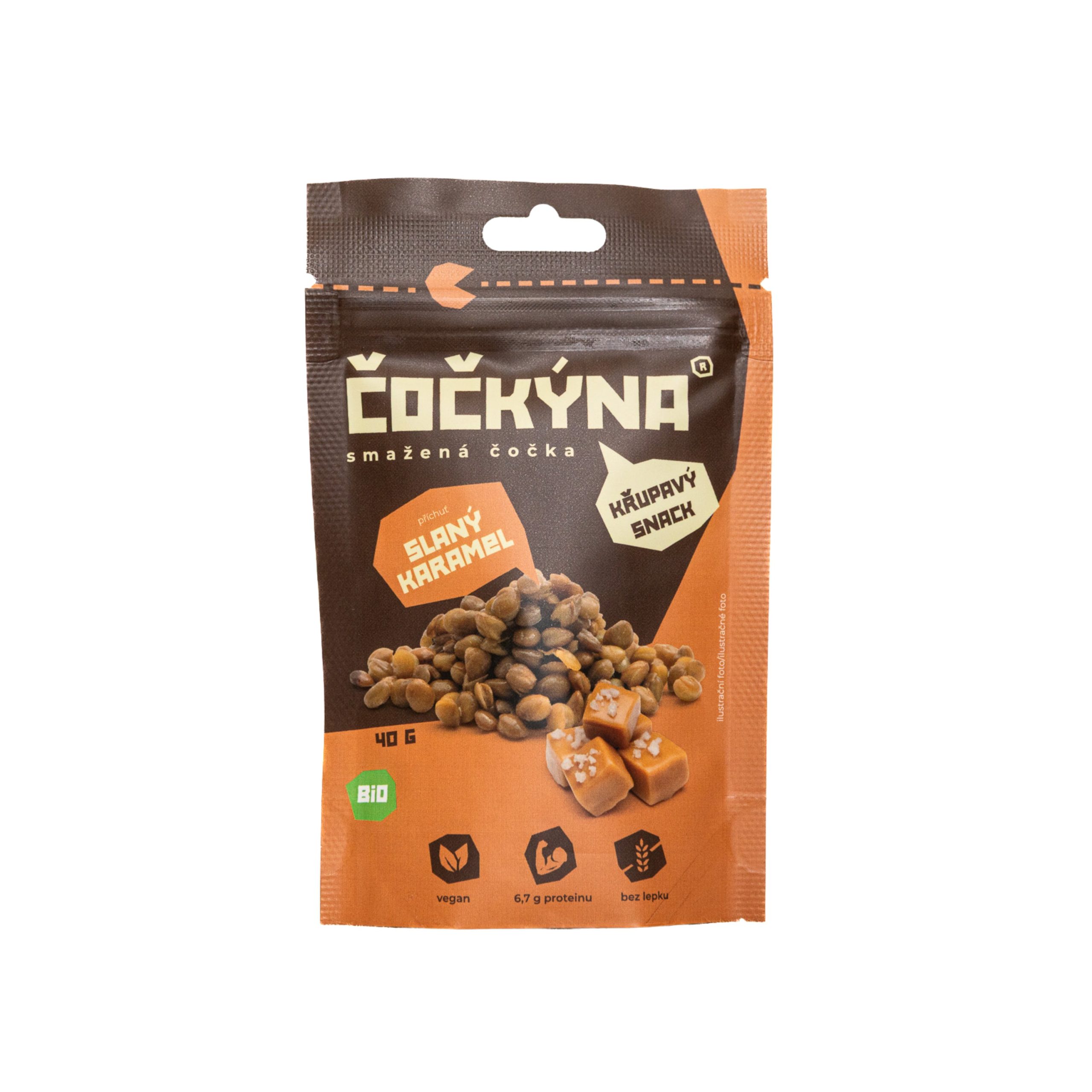 Čočkýna Čočka smažená - slaný karamel BIO (40 g) - křupavá svačinka i dochucovadlo Čočkýna