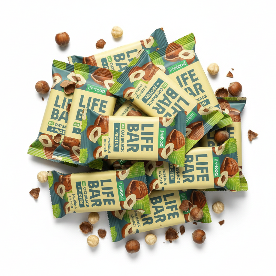 Lifefood Zvýhodněná sada 13 + 2 tyčinky zdarma - Lifebar Oat Snack Protein Hazelnut Crunch BIO (15 x 40 g) - nutričně bohaté svačinky Lifefood