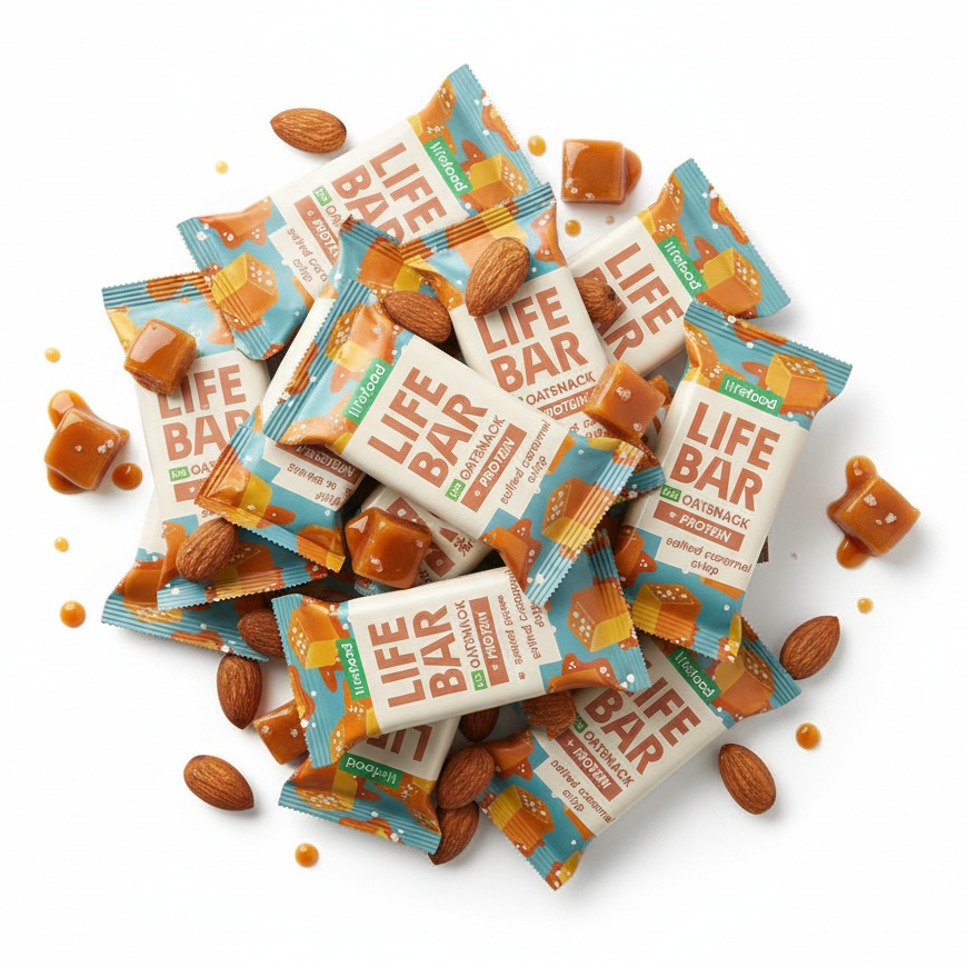 Lifefood Zvýhodněná sada 13 + 2 tyčinky zdarma - Lifebar Oat Snack Protein Salted Caramel Crisp BIO (15 x 40 g) - nutričně vyvážené svačinky Lifefood