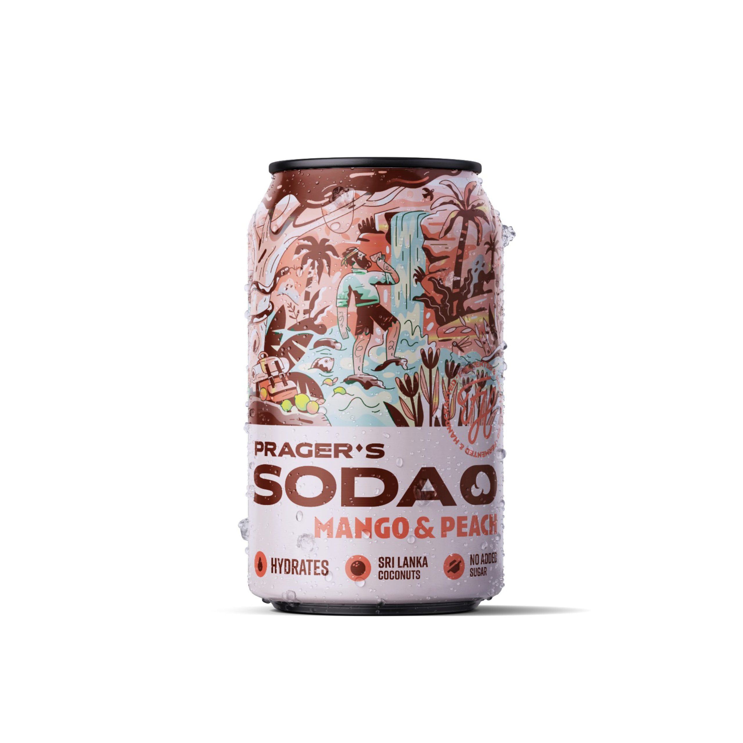 PRAGER'S Soda Mango a broskev plech (330 ml) - fermentovaná kokosová voda s příchutí PRAGER’S
