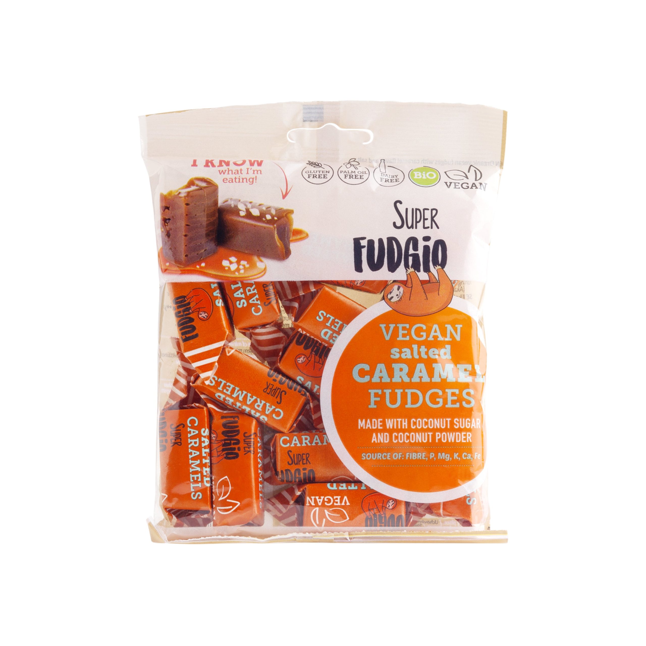 Superfudgio Karamely slaný karamel vegan BIO (150 g) - veganské bio křupavé karamelky Superfudgio